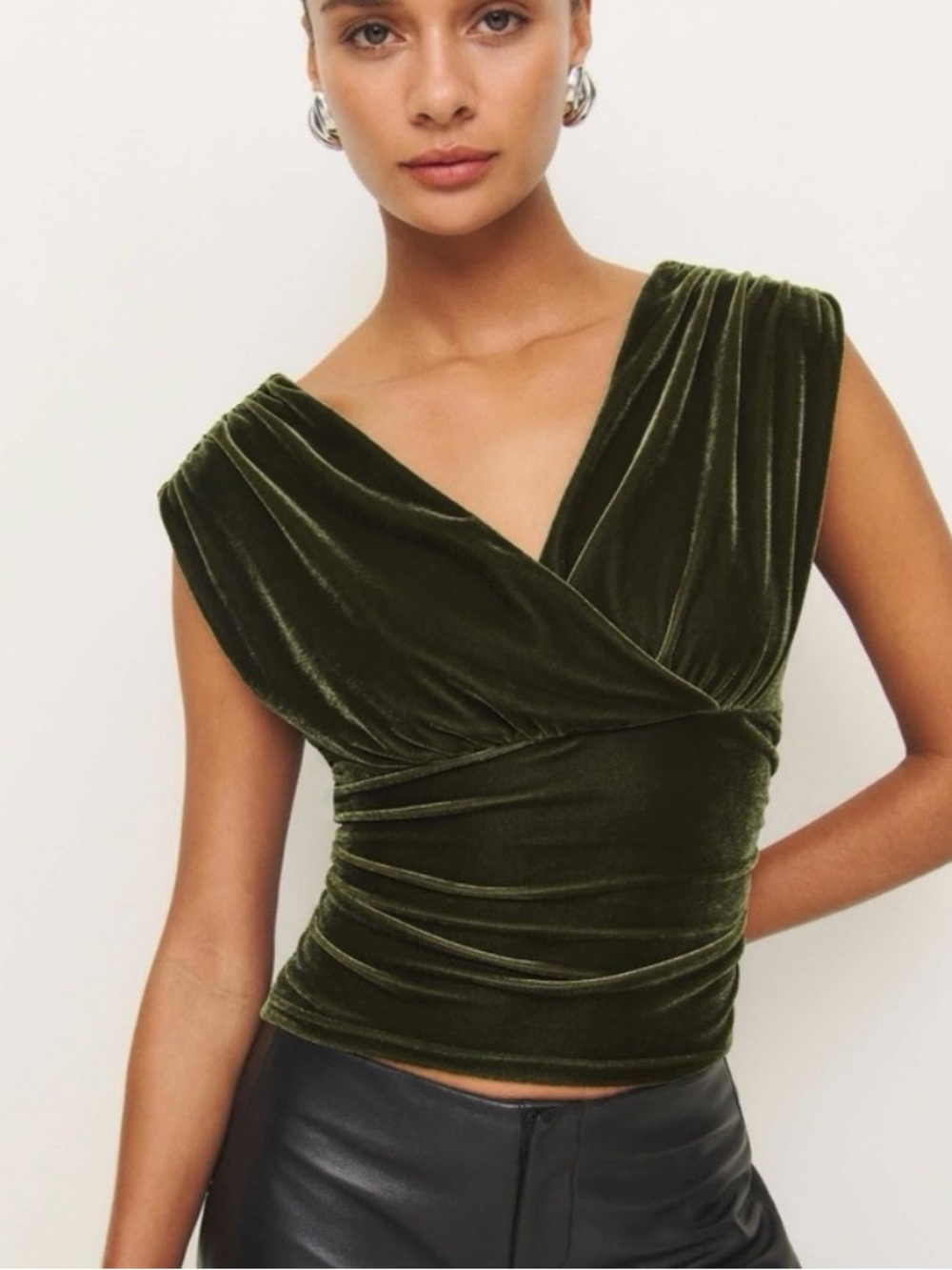 NWT Reformation Amelia Top Velvet Moss Green Surplice V-Neck Top